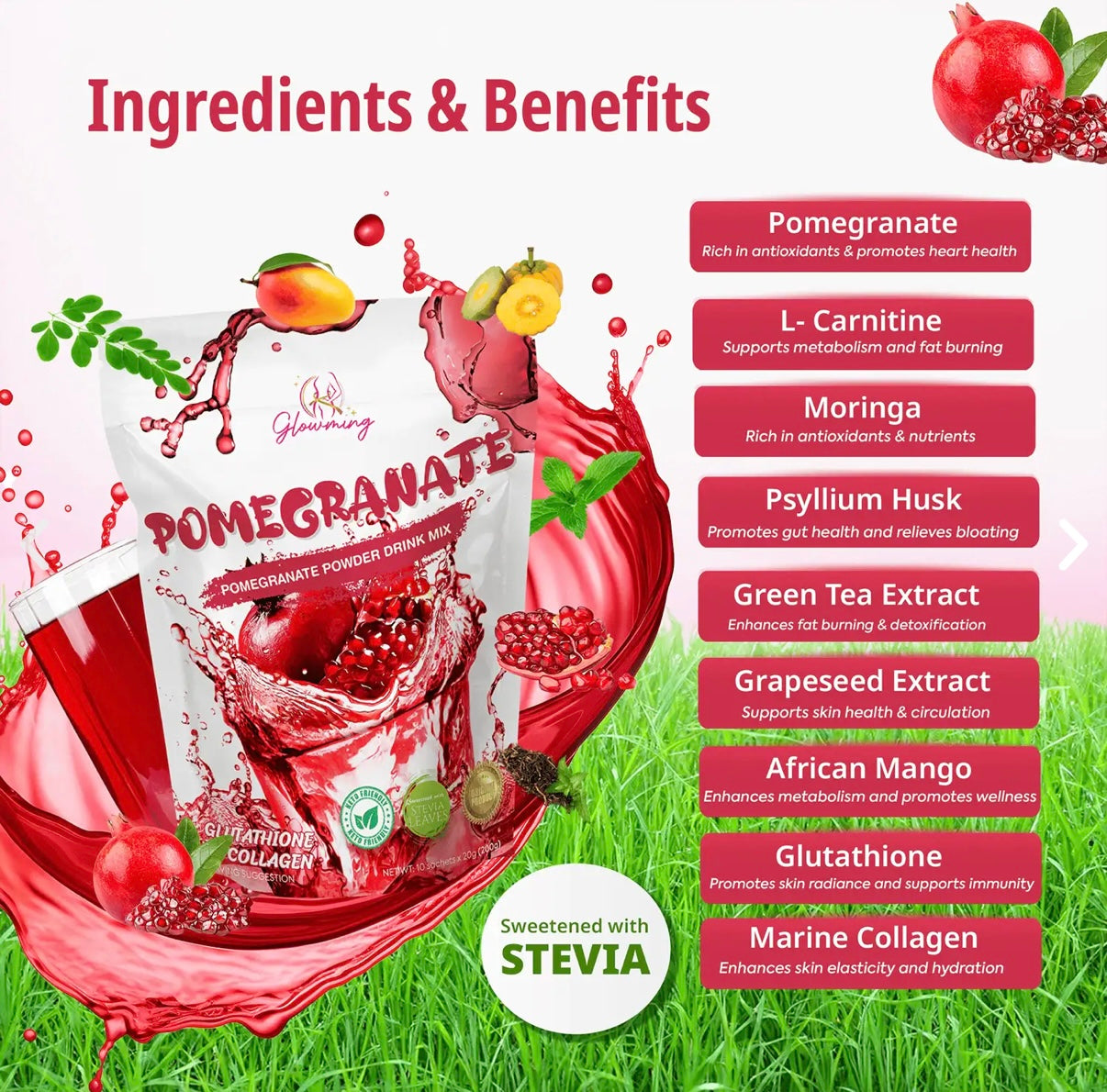 Glowming Pomegranate Powder Drink Glutathione And Collagen