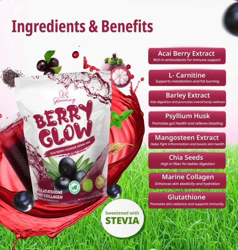 Glowming Berry Glow Acai Powder Drink Glutathione and Collagen